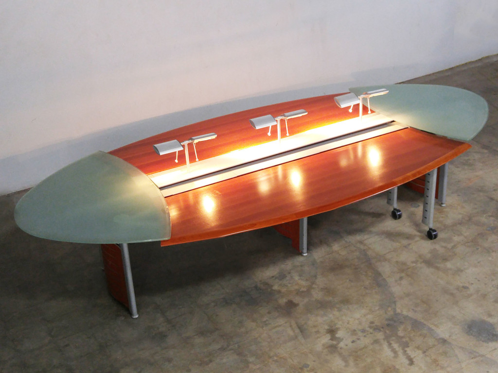 12FT-6IN EXECUTIVE CONFERENCE TABLE - SOLID CHERRY TOP WITH 1/2" GLASS ENDS ADJUSTABLE WINGS WITH LIGHTING AND POWER CENTER RACEWAY